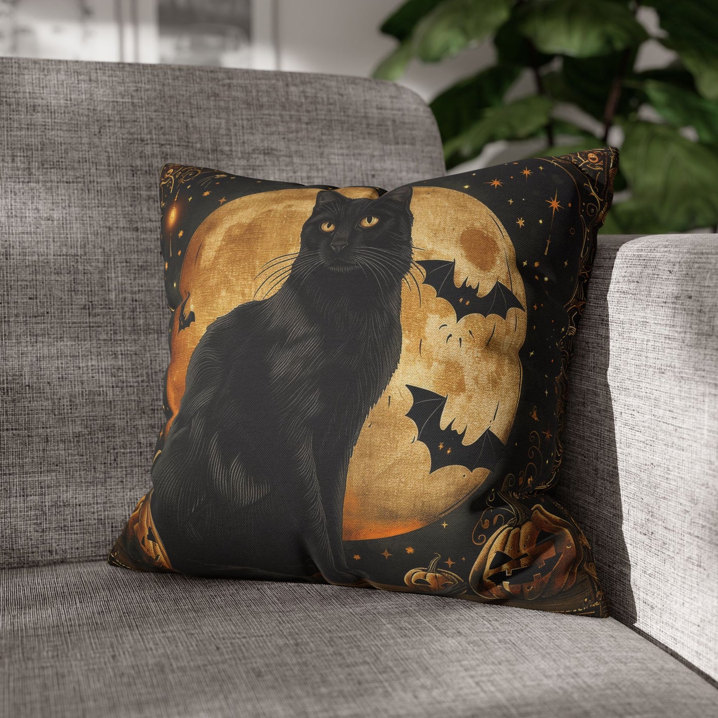 Square Pillow - Art Deco Full Moon Black Cat Halloween Home Decor Pillow