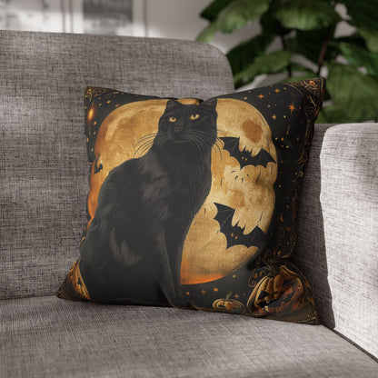 Square Pillow - Art Deco Full Moon Black Cat Halloween Home Decor Pillow