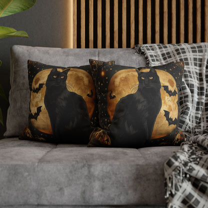 Square Pillow - Art Deco Full Moon Black Cat Halloween Home Decor Pillow