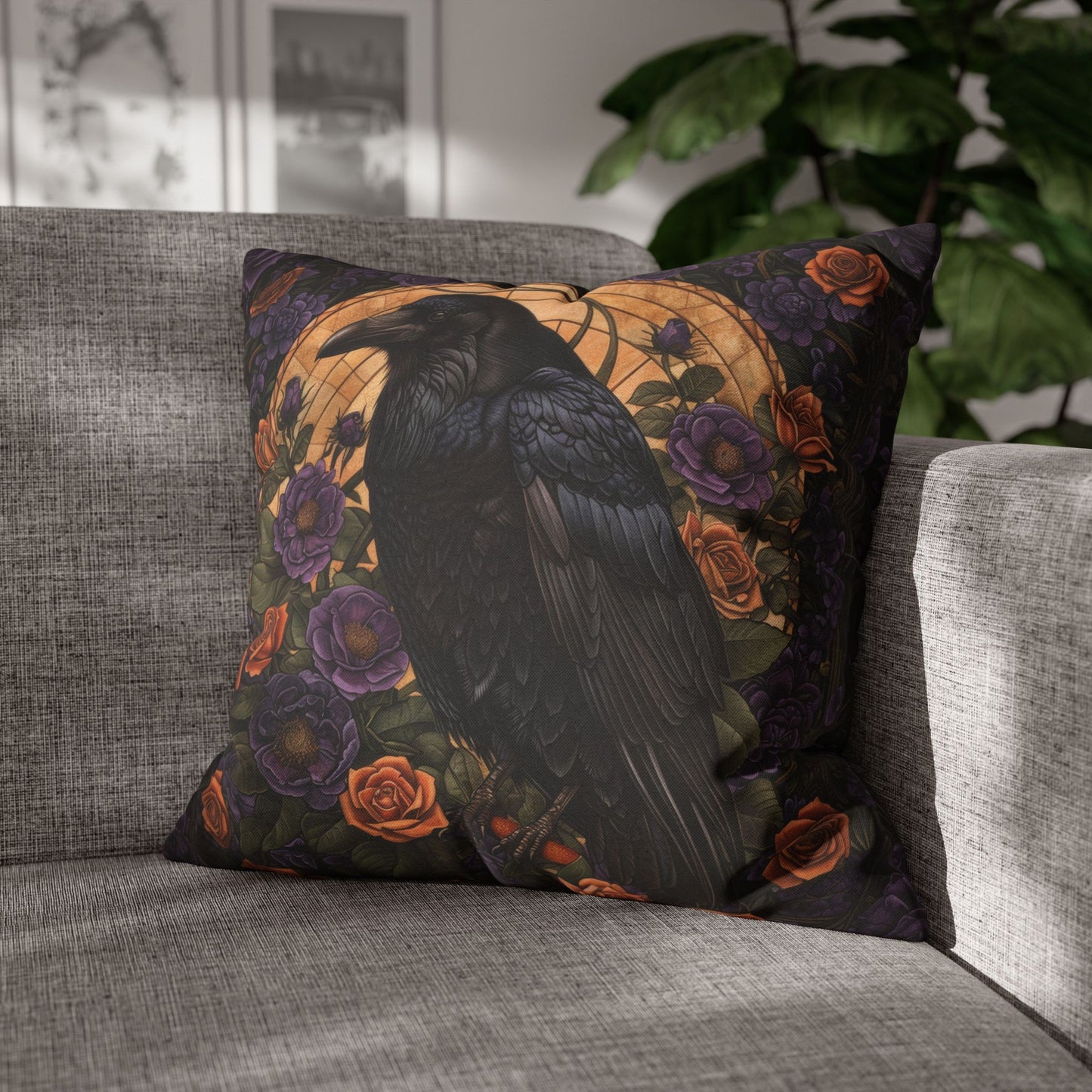 Mystical Raven Halloween Roses Throw Pillow | William Morris Inspired Raven Halloween Pillow Decor