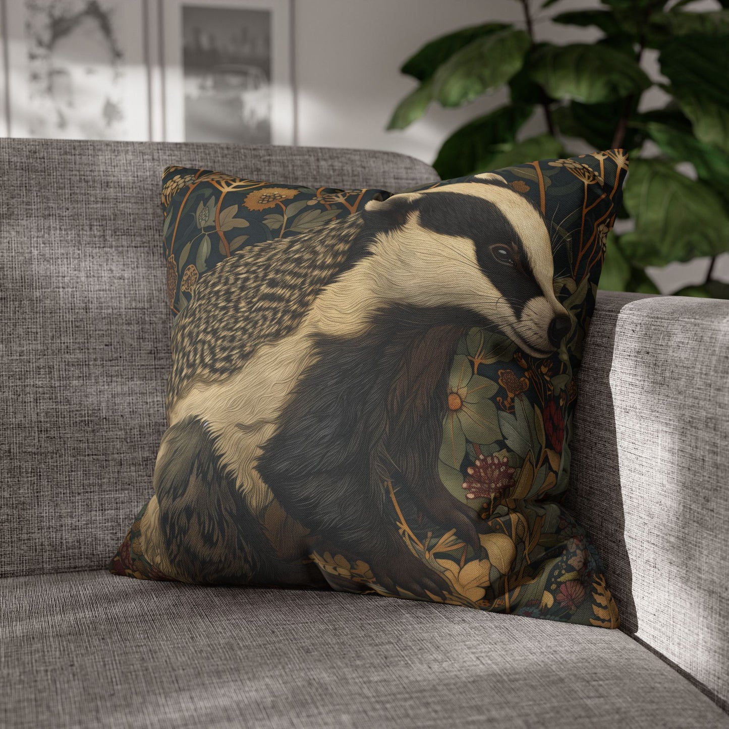 Vintage Badger Botanical Pillow, William Morris Inspired Woodland Animal Cushion
