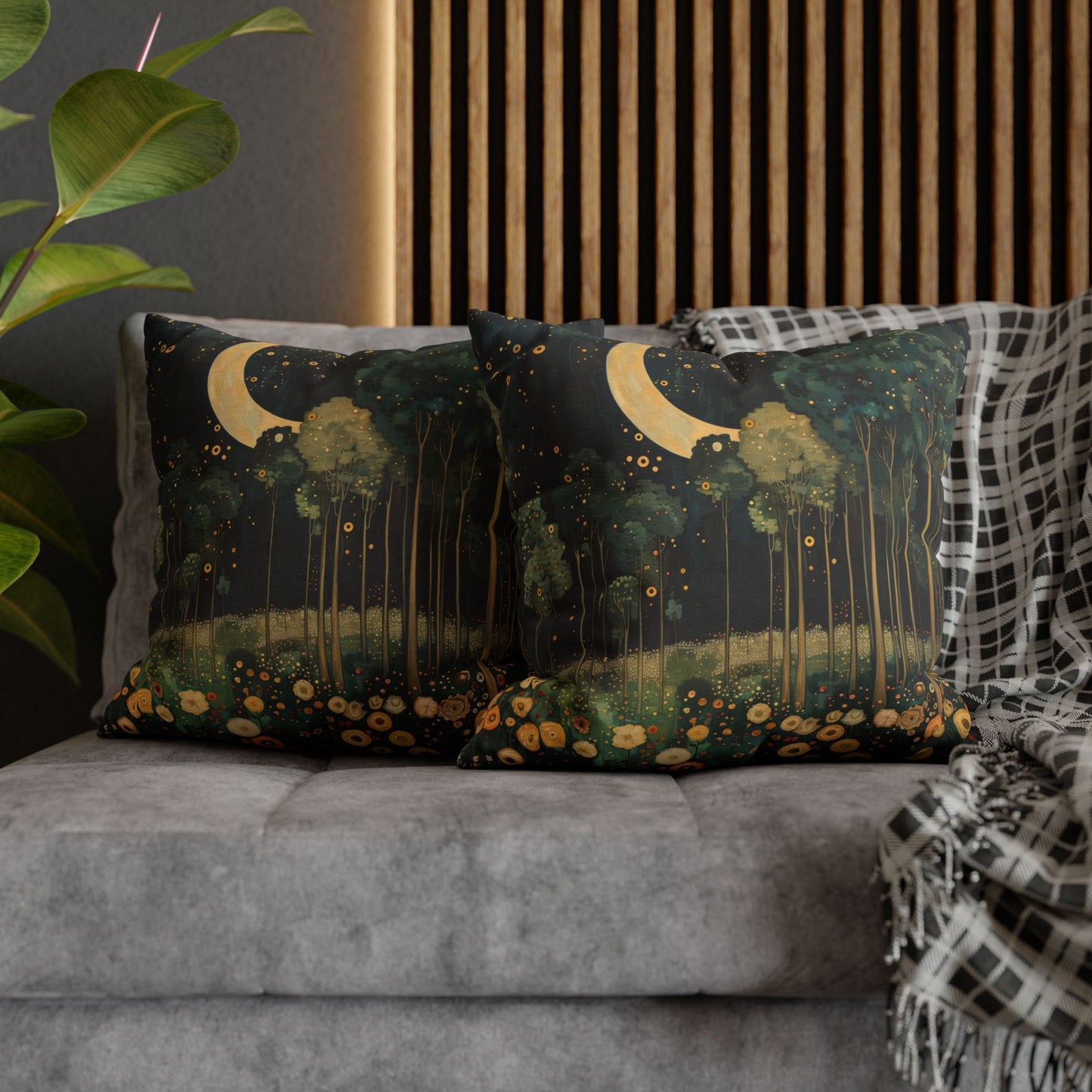 Moonlit Forest Decorative Pillow, Gustav Klimt Inspired Night Sky Botanical Cushion