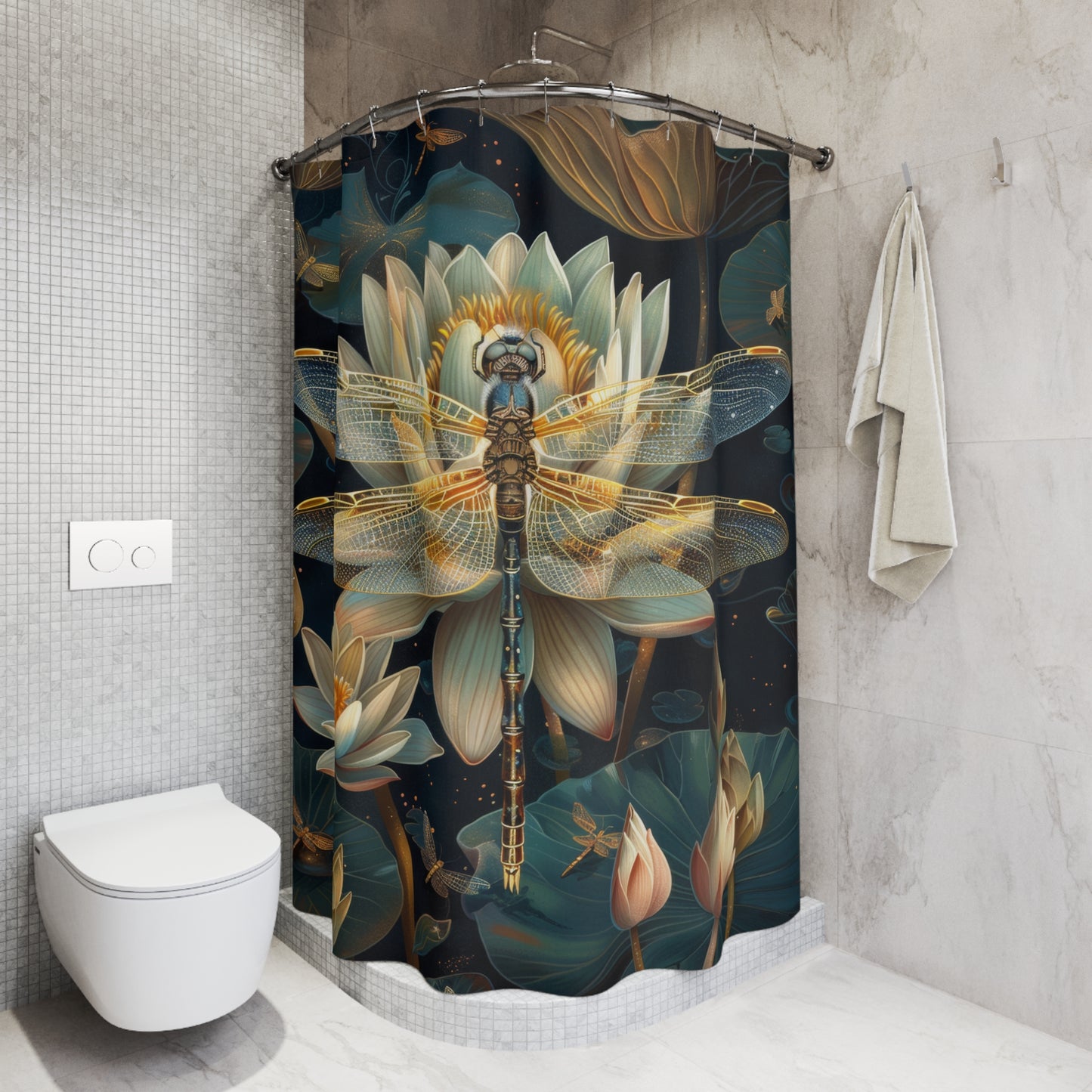 William Morris Inspired Dragonfly White Water Lily Shower Curtain | Art Deco Style Shower Curtain | Cottagecore Bathroom Decor