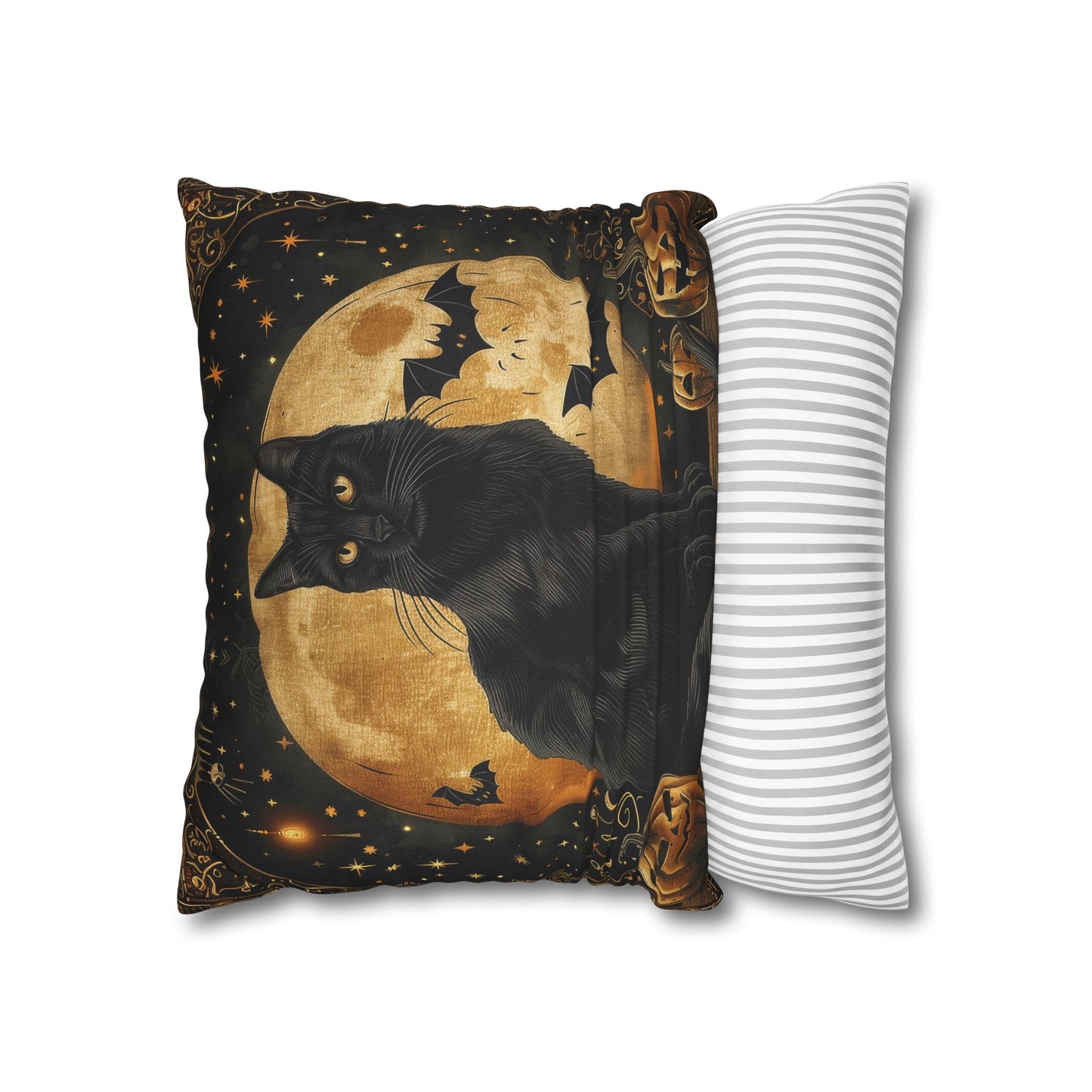 Square Pillow - Art Deco Full Moon Black Cat Halloween Home Decor Pillow