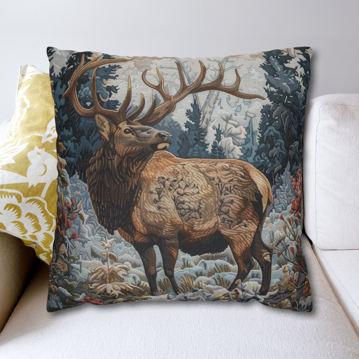 Art Nouveau Elk Frosted Pines Winter Blooms William Morris Inspired Medieval Tapestry Pillow