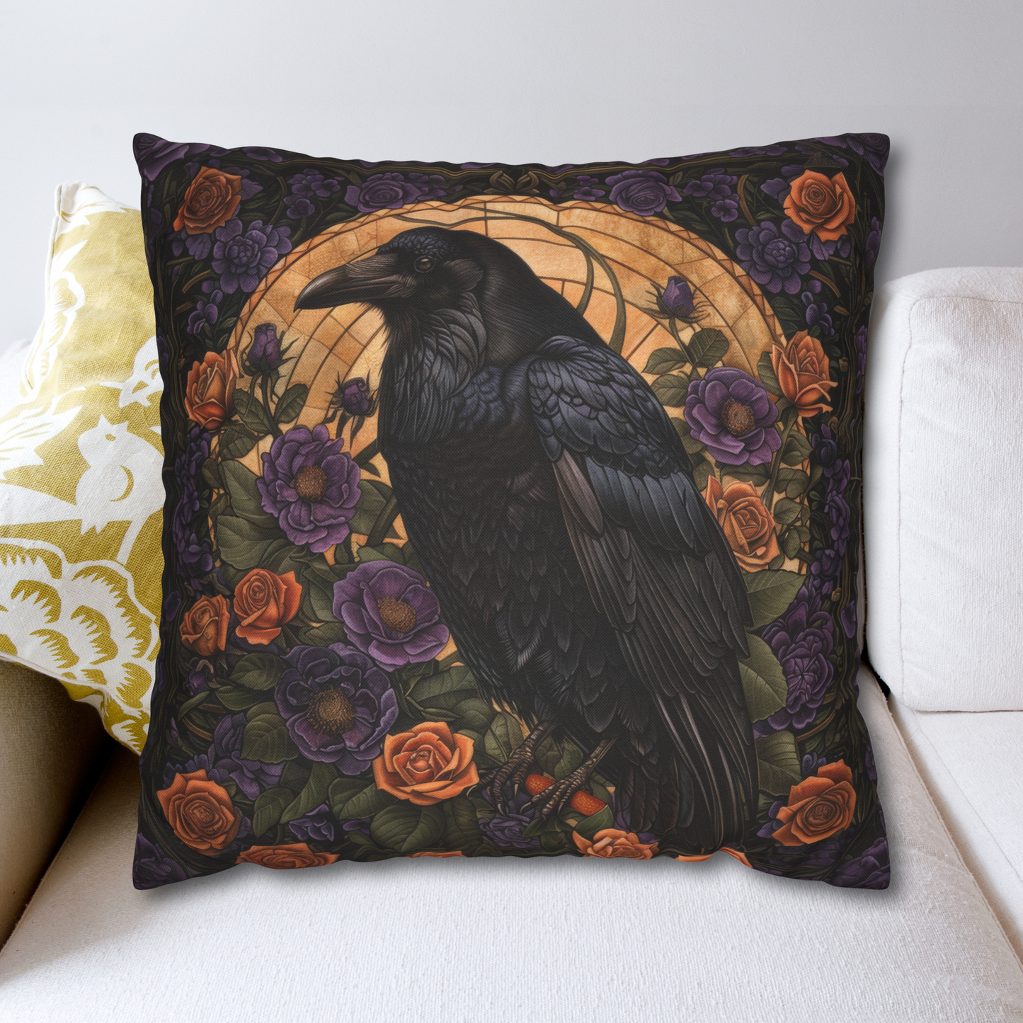 Mystical Raven Halloween Roses Throw Pillow | William Morris Inspired Raven Halloween Pillow Decor