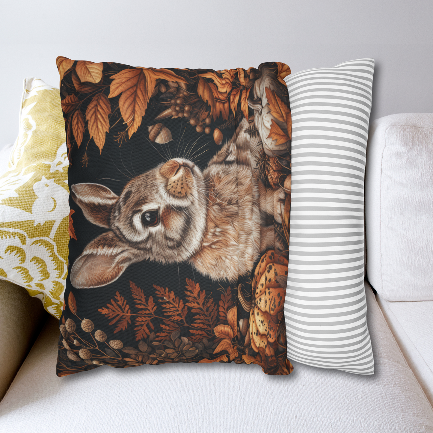 Bunny Fall Forest Square Pillow, Autumn William Morris Decor, Cute Woodland Animal Throw Cushion, Seasonal Harvest Home Accent, Cozy Rustic