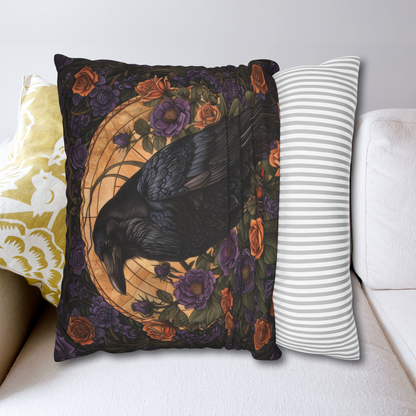 Mystical Raven Halloween Roses Throw Pillow | William Morris Inspired Raven Halloween Pillow Decor