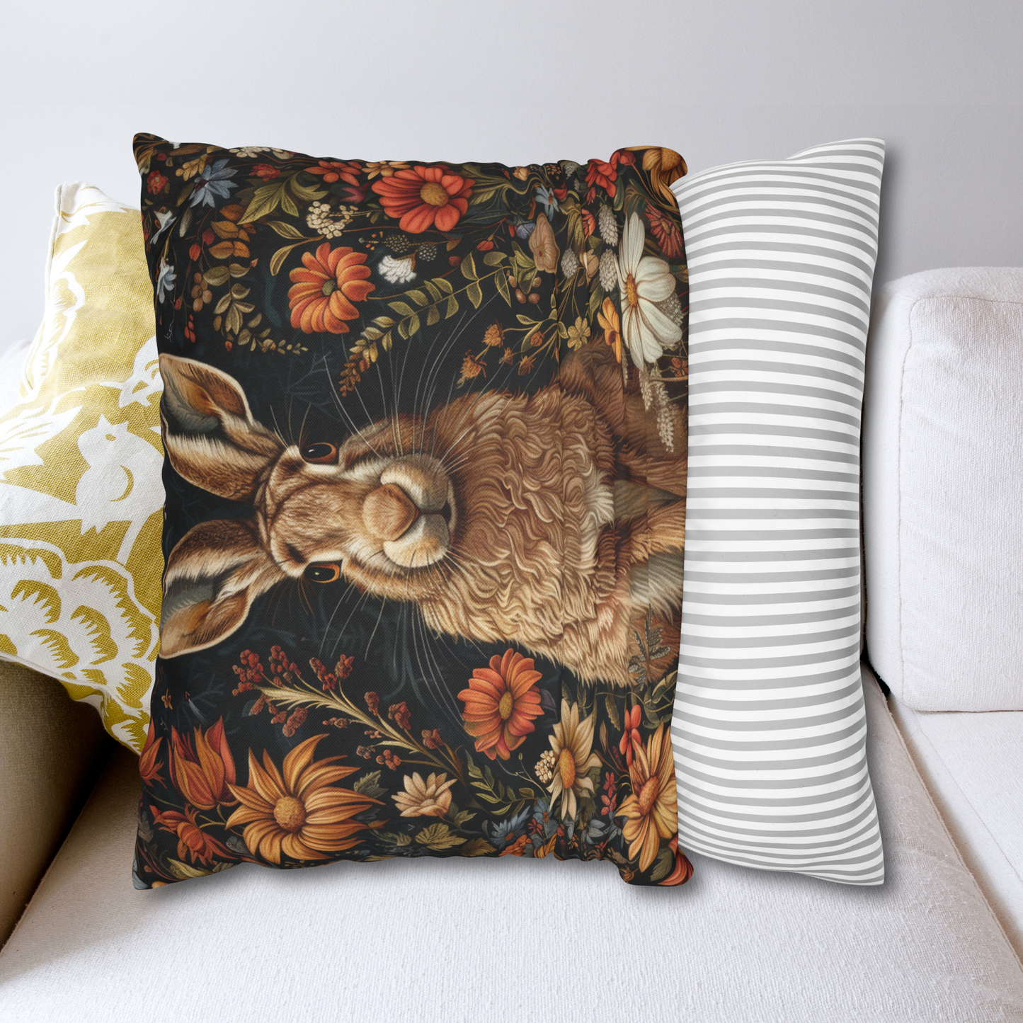 William Morris Inspired Adorable Hare With Winter Flowers Pillow, Home Decor, Throw Pillow, Accent Cushion, Cozy Pillow, Animal Lover Gift