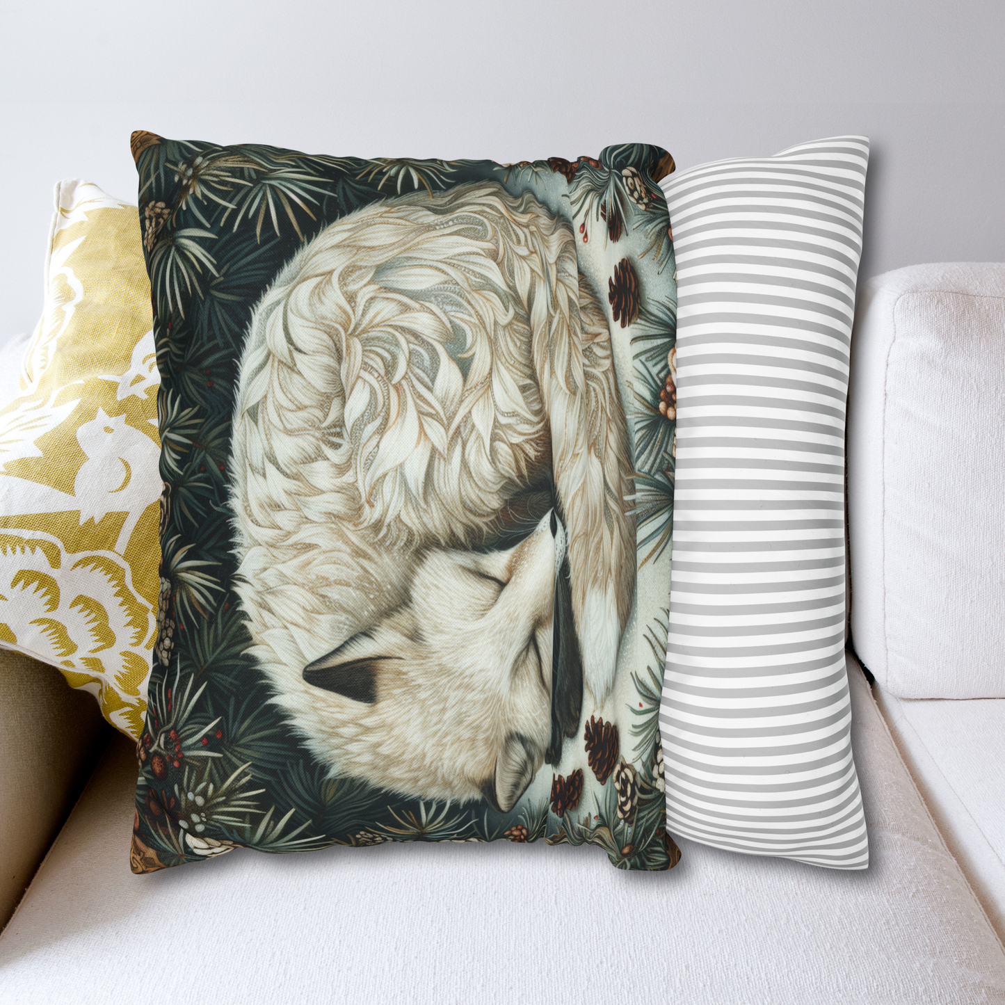 Art Deco Winter Arctic Fox Print Pillow, William Morris Inspired Decorative Cushion, Home Decor Gift for Fox Lovers, Throw Pillow Cover,