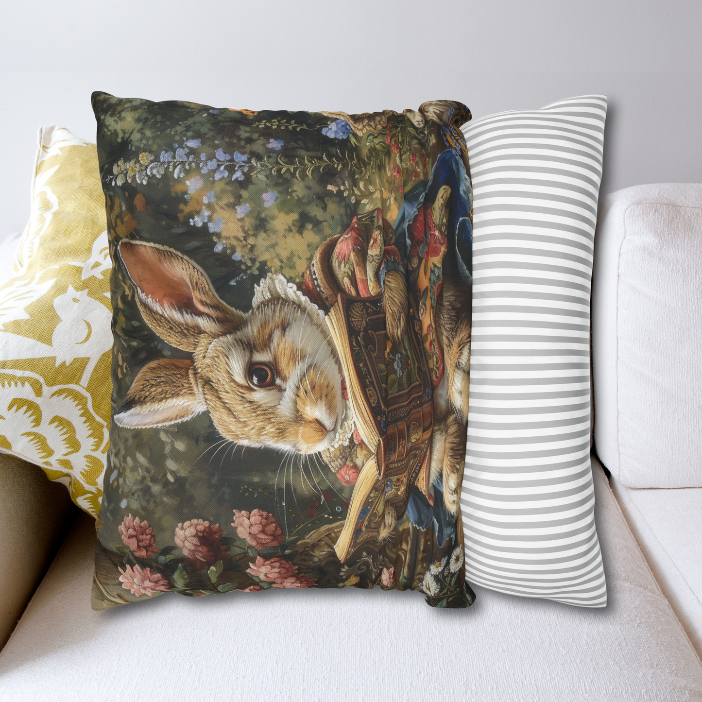 William Morris Inspired Rococo Bunny Vintage Book Cottagecore Pillow