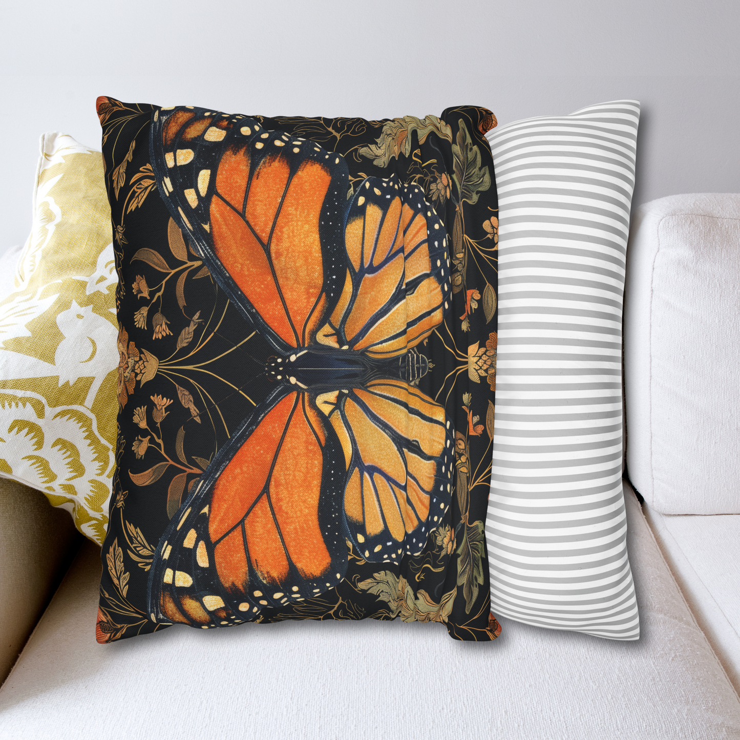 Woodland Monarch Butterfly Floral Botanical in the Style of William Morris Pillow