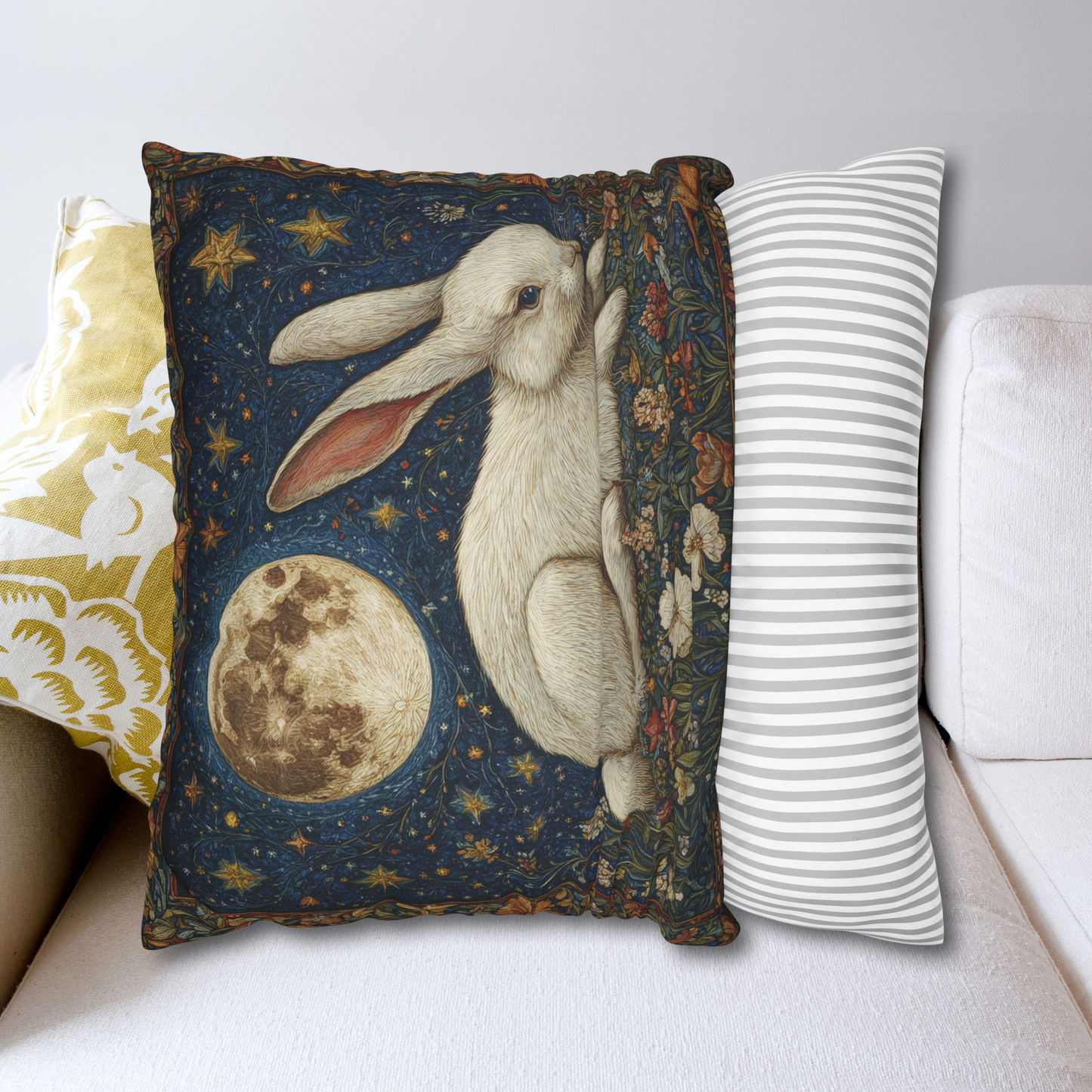 Victorian Whimsy Full Moon Rabbit Decorative Pillow | Elegant Home Decor Accent Pillow | Rabbit Lover Pillow Gift