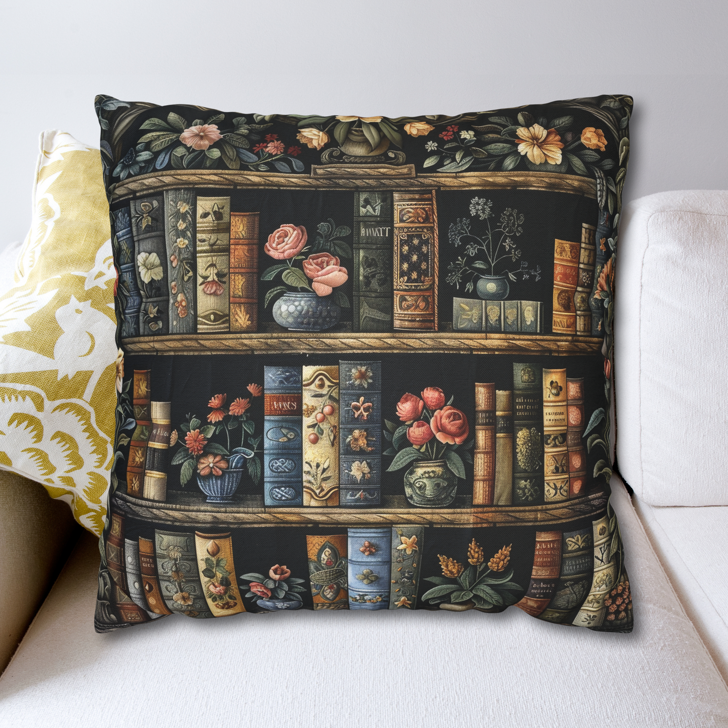 Whimsical Bookshelf Botanicals William Morris Style Pillow, Home Decor, Botanical Throw Pillow, Square Pillow, Spun Polyester Pillow