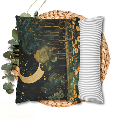 Moonlit Forest Decorative Pillow, Gustav Klimt Inspired Night Sky Botanical Cushion