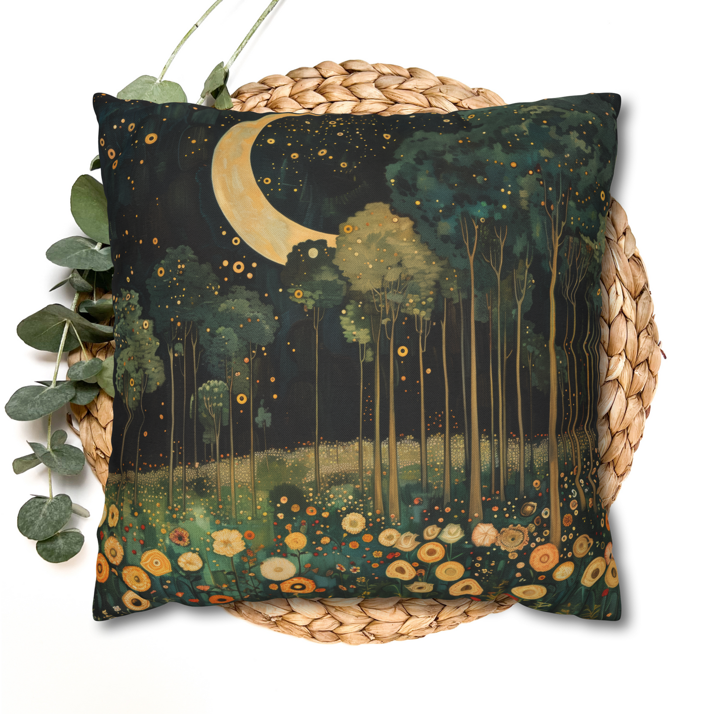 Moonlit Forest Decorative Pillow, Gustav Klimt Inspired Night Sky Botanical Cushion