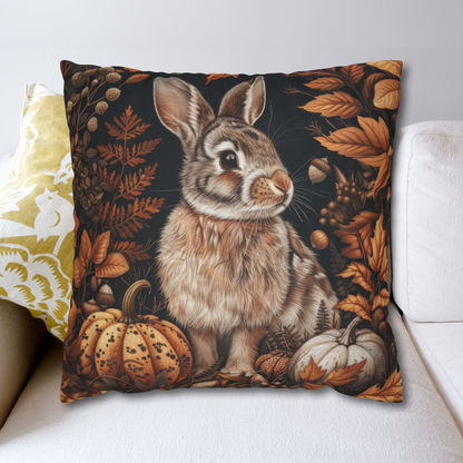 Bunny Fall Forest Square Pillow, Autumn William Morris Decor, Cute Woodland Animal Throw Cushion, Seasonal Harvest Home Accent, Cozy Rustic