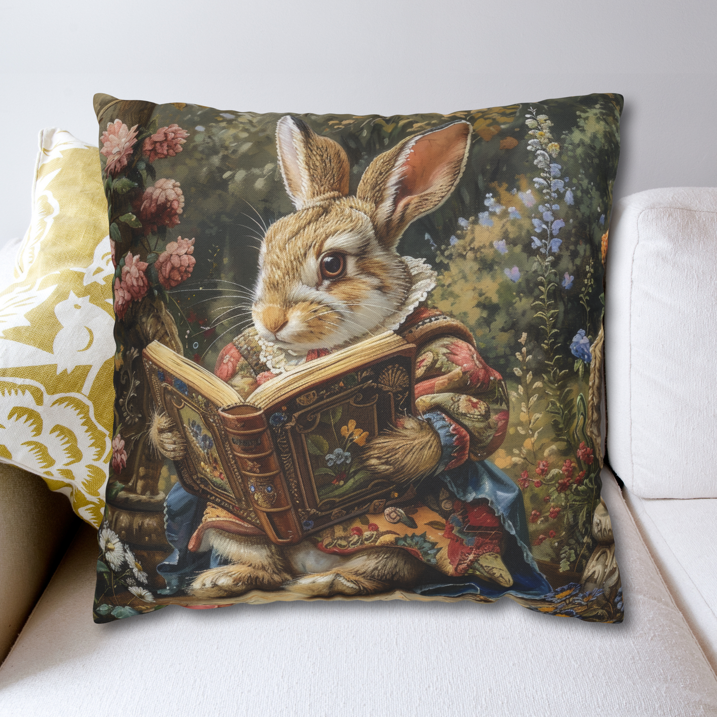 William Morris Inspired Rococo Bunny Vintage Book Cottagecore Pillow