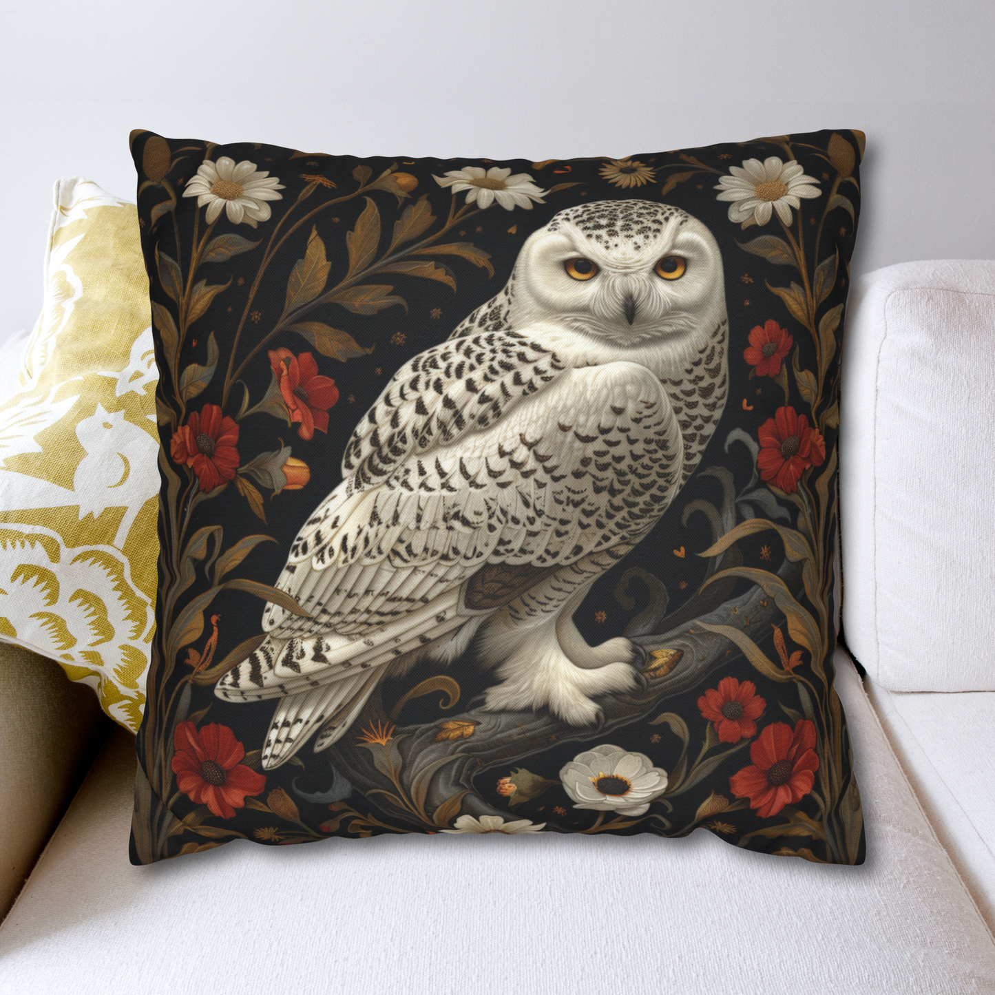 William Morris Inspired Snow Owl Winter Botanicals Home Decor Pillow