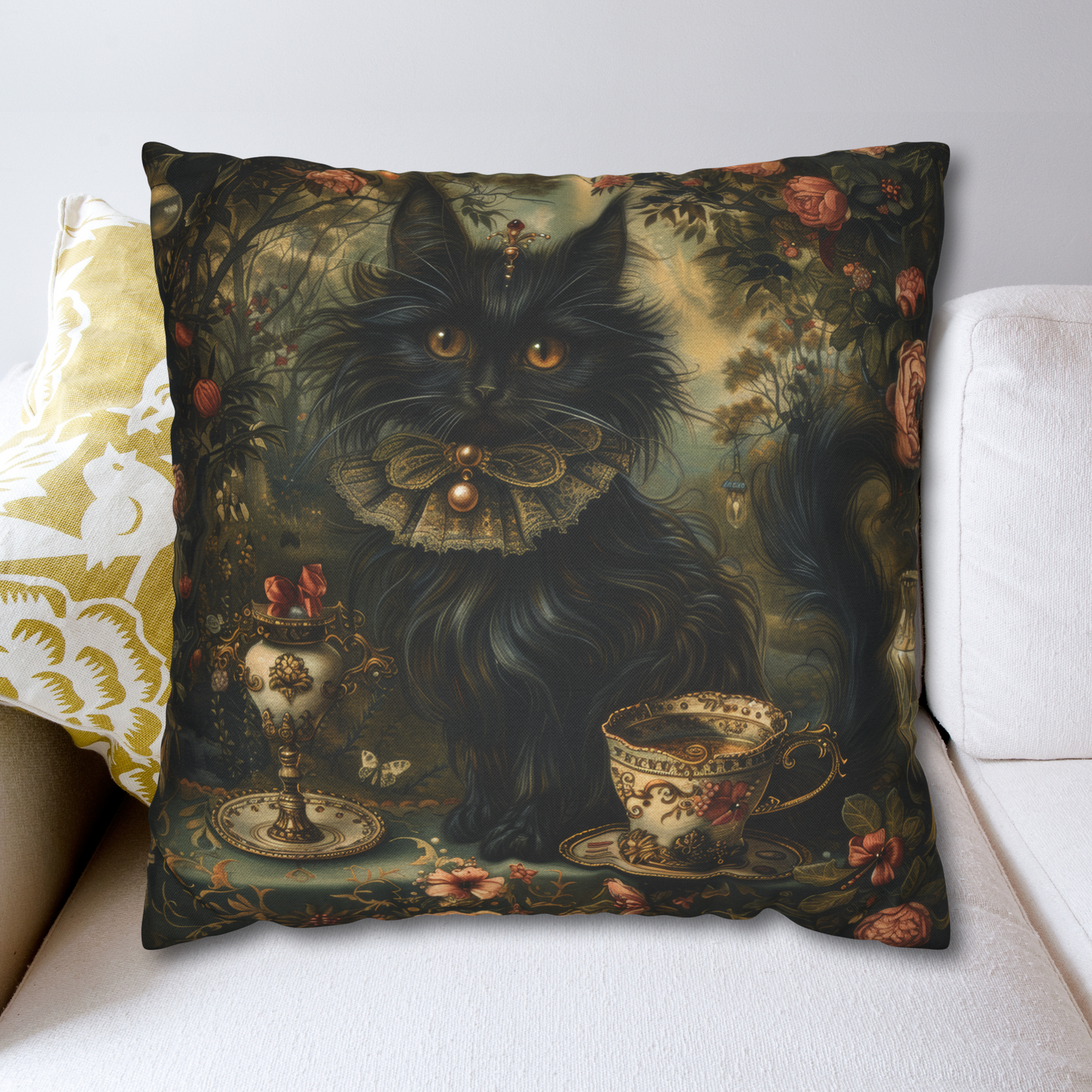 Mystical Cat Pillow, Halloween Home Decor, Black Cat Throw Pillow, Witchy Victorian Pillow, Gothic Decorative Pillow