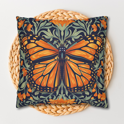 William Morris Inspired Monarch Butterfly Spring Pillow, Decorative Monarch Butterfly Polyester Square Pillow