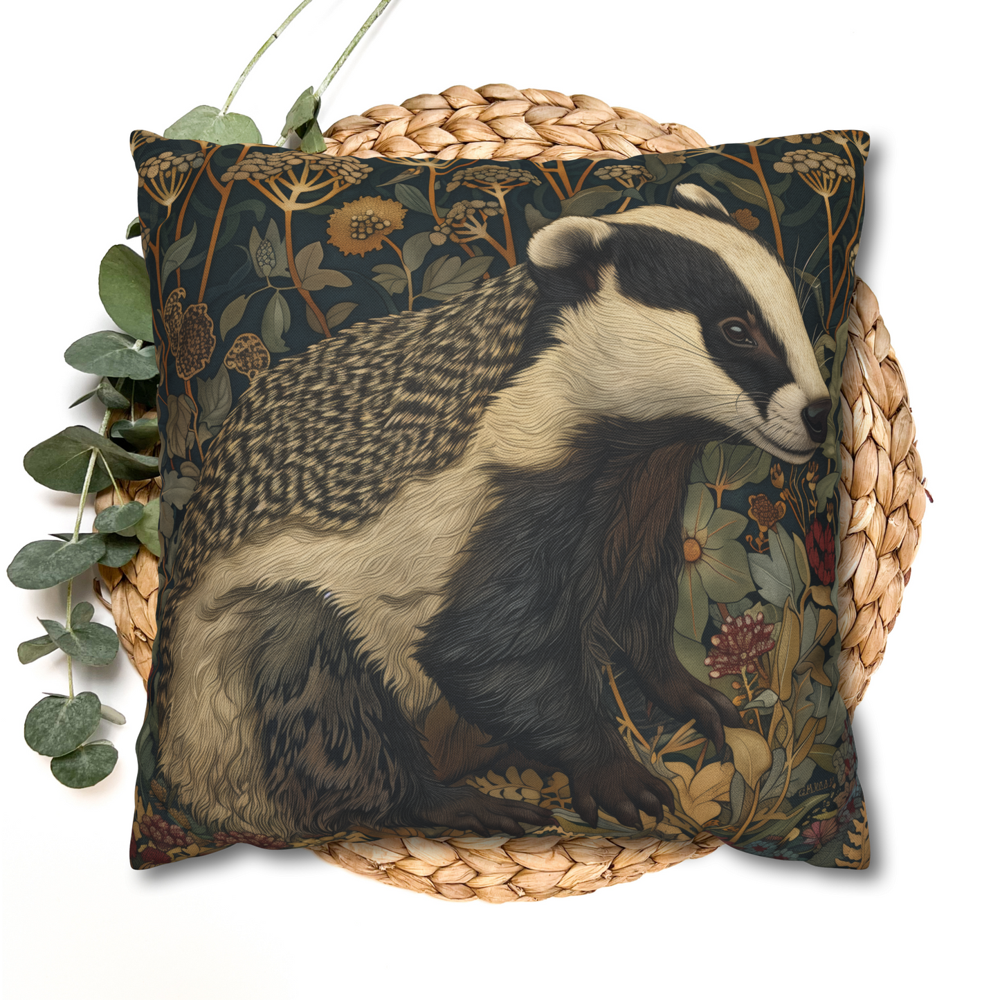 Vintage Badger Botanical Pillow, William Morris Inspired Woodland Animal Cushion