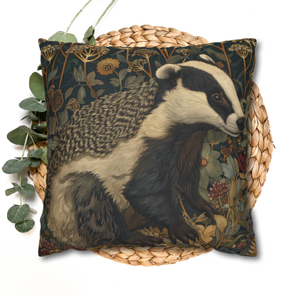 Vintage Badger Botanical Pillow, William Morris Inspired Woodland Animal Cushion