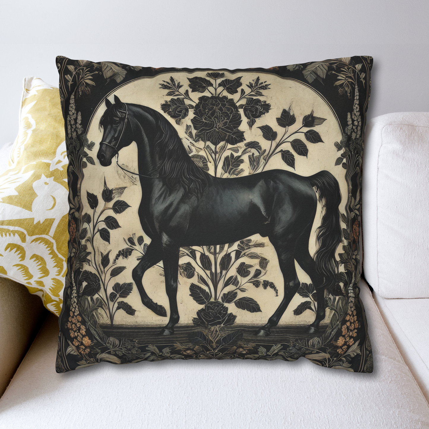 William Morris Arabian Black Horse Pillow, Botanicals Throw Cushion for Home Decor, Spun Polyester Square Pillow, Unique Gift for Horse