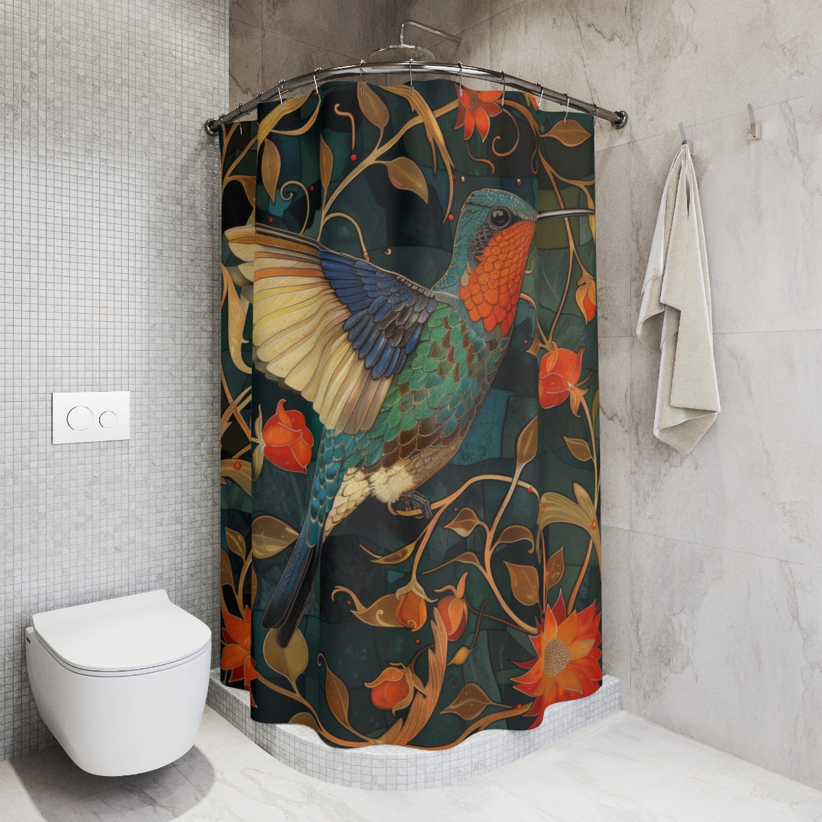 William Morris Inspired Floral Hummingbird Art Bathroom Decor Nature Pattern Shower Curtain