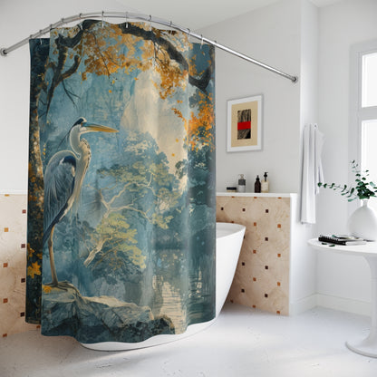 Blue Heron in Ancient Forest Shower Curtain - Coastal Bird Bathroom Decor, Waterproof Fabric, Nature Inspired Home Decor, Unique Gift Idea