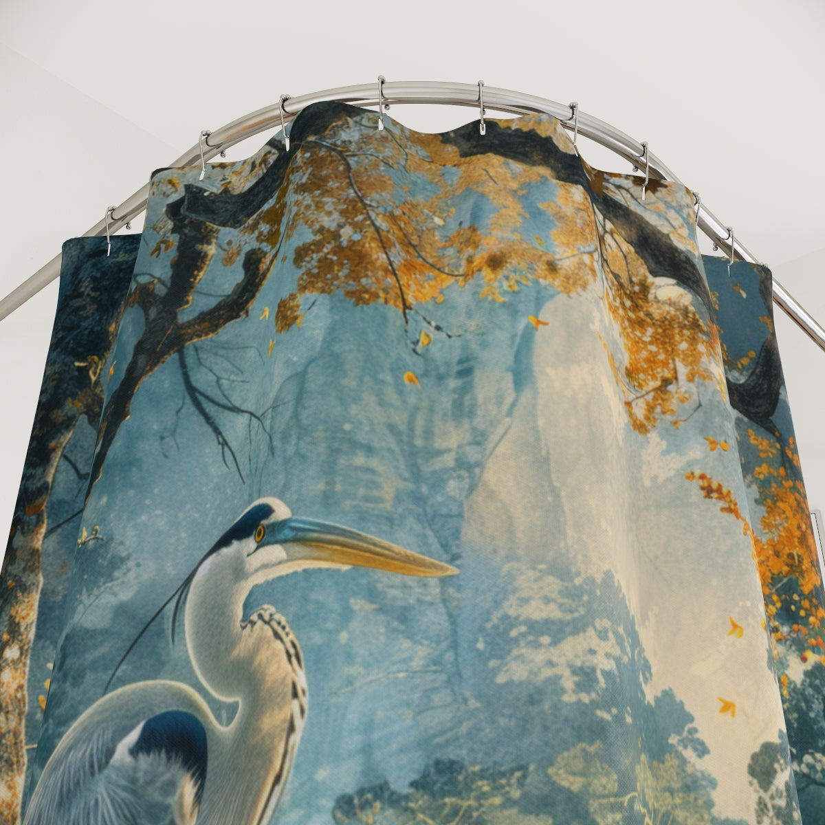 Blue Heron in Ancient Forest Shower Curtain - Coastal Bird Bathroom Decor, Waterproof Fabric, Nature Inspired Home Decor, Unique Gift Idea