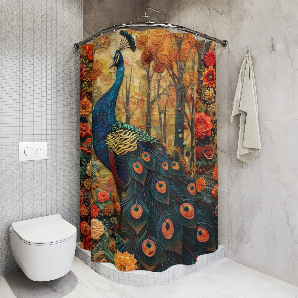 William Morris Inspired Floral Peacock | Art Deco Bathroom Decor | Nature Polyester Shower Curtain