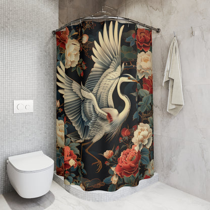 Flying Heron in Amongst Flowers Shower Curtain, Coastal Bird Bathroom Decor, Nature Inspired Home Decor, Unique Gift Idea