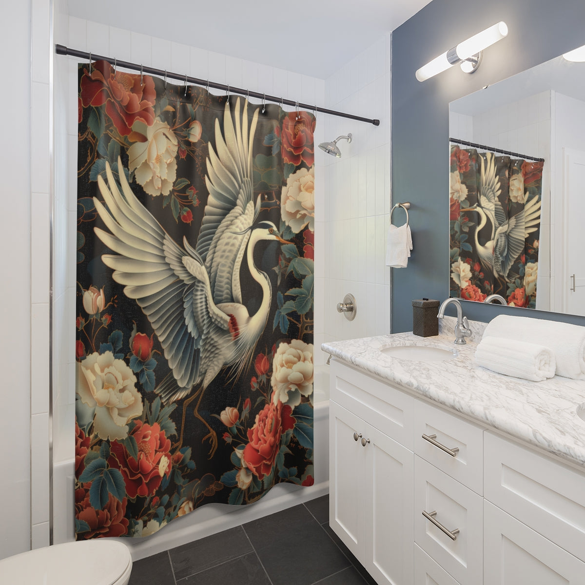 Flying Heron in Amongst Flowers Shower Curtain, Coastal Bird Bathroom Decor, Nature Inspired Home Decor, Unique Gift Idea