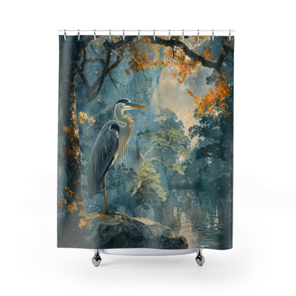 Blue Heron in Ancient Forest Shower Curtain - Coastal Bird Bathroom Decor, Waterproof Fabric, Nature Inspired Home Decor, Unique Gift Idea