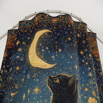 Black Cat Whimsical Night ,William Morris Insipred, Polyester Shower Curtain