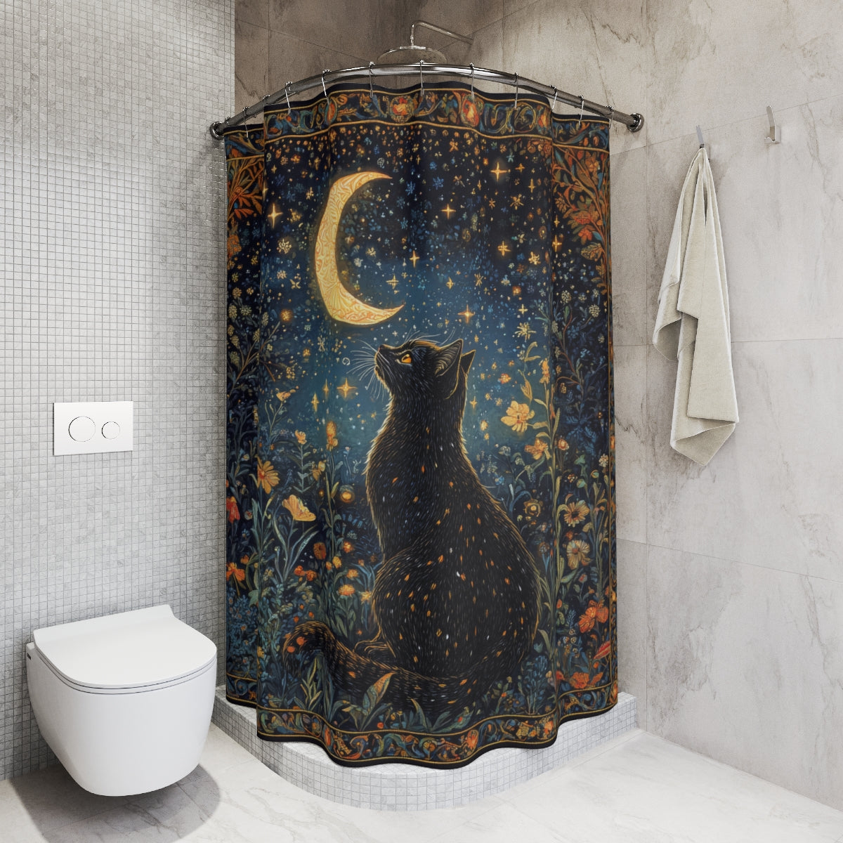 Black Cat Whimsical Night ,William Morris Insipred, Polyester Shower Curtain