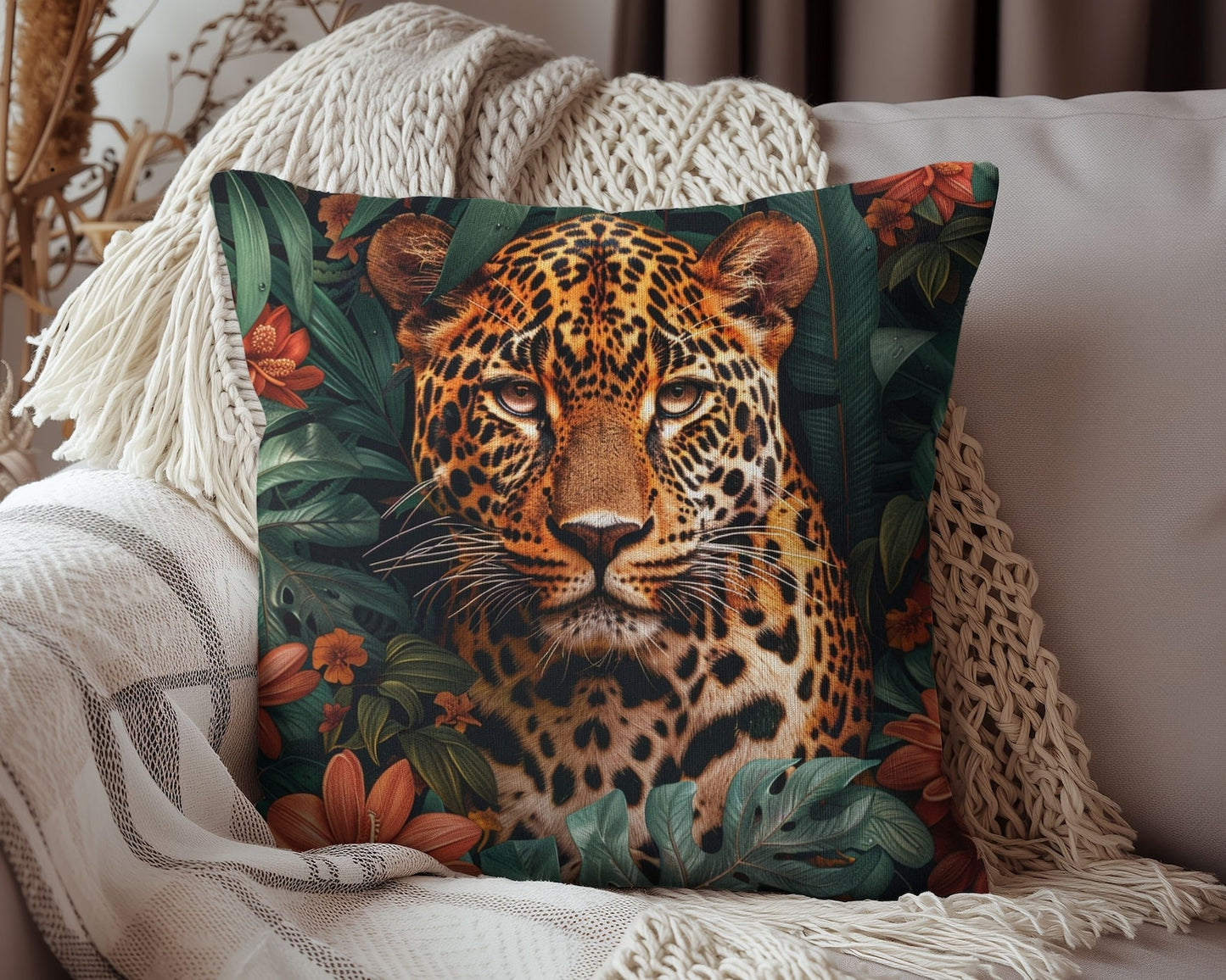 William Morris Inspired Leopard Pillow, Farmhouse Decorative Leopard Cushion, Spun Polyester Square Pillow