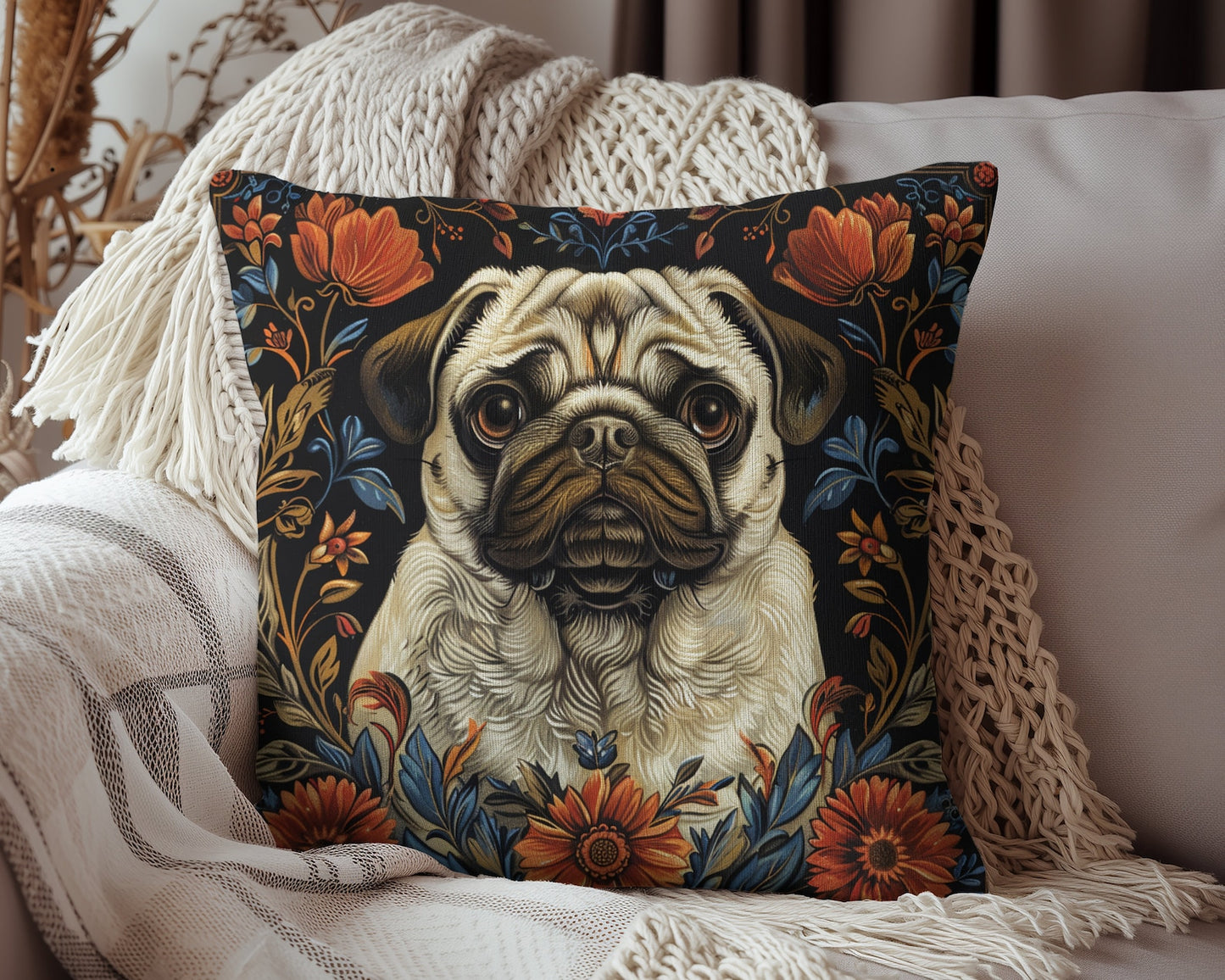 William Morris Pug Dog Pillow Inspired, Decorative Pug Cushion, Spun Polyester Square Pillow