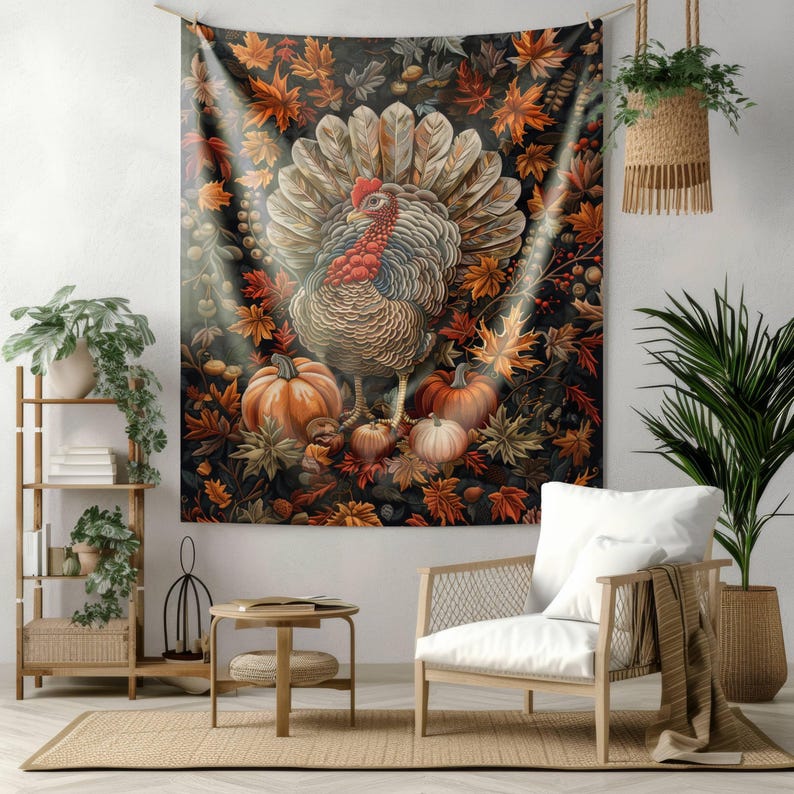 Thanksgiving Turkey William Morris Art Deco Hanging Home Decor | Fall Turkey Art Wall Tapestry