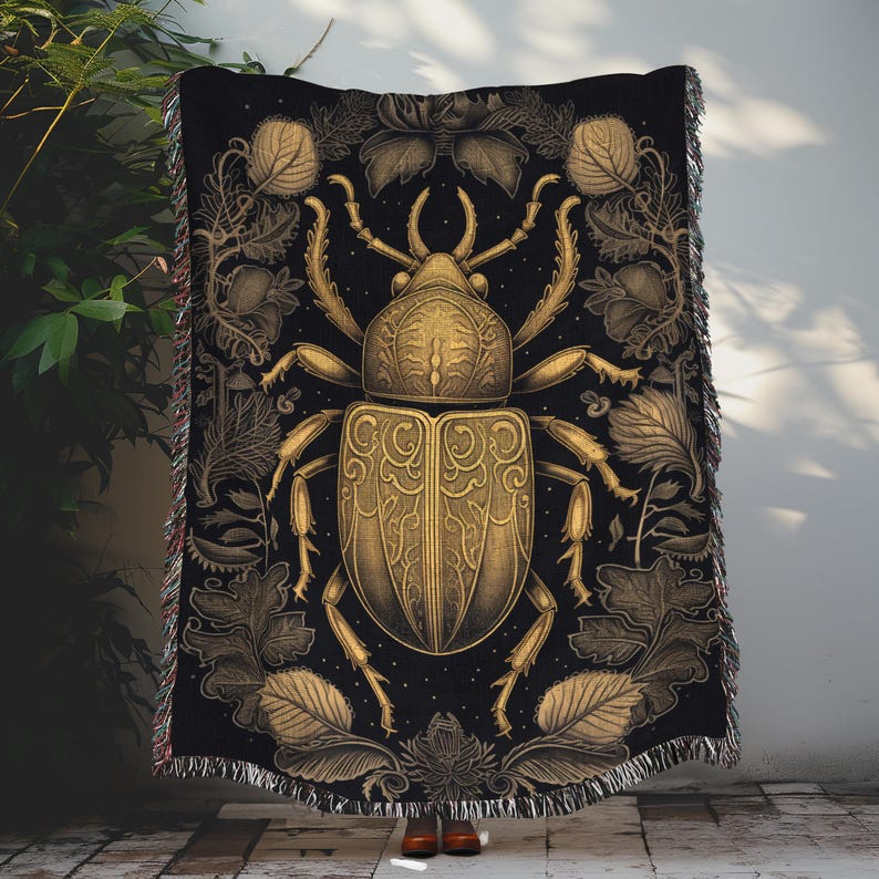 Ancient Golden Scarab Beetle Ornate Leaves And Flowers Woven Blankets