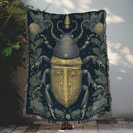 Gold Metal Beetle And Ancient Ornate Beetle, Gothic Art, Natural Motif, Woven Blankets