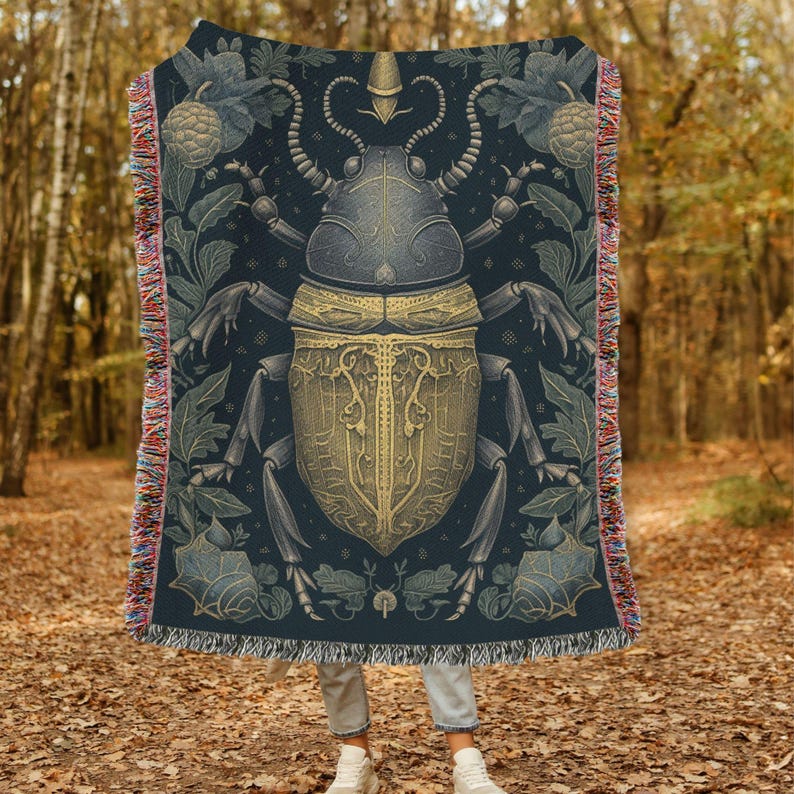 Gold Metal Beetle And Ancient Ornate Beetle, Gothic Art, Natural Motif, Woven Blankets