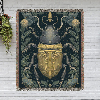 Gold Metal Beetle And Ancient Ornate Beetle, Gothic Art, Natural Motif, Woven Blankets