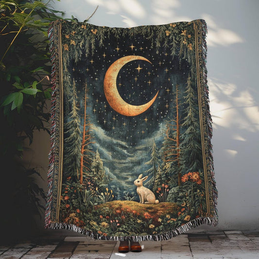 Forestcore Rabbit Crescent Moon William Morris Inspired Jacquard Woven Blankets