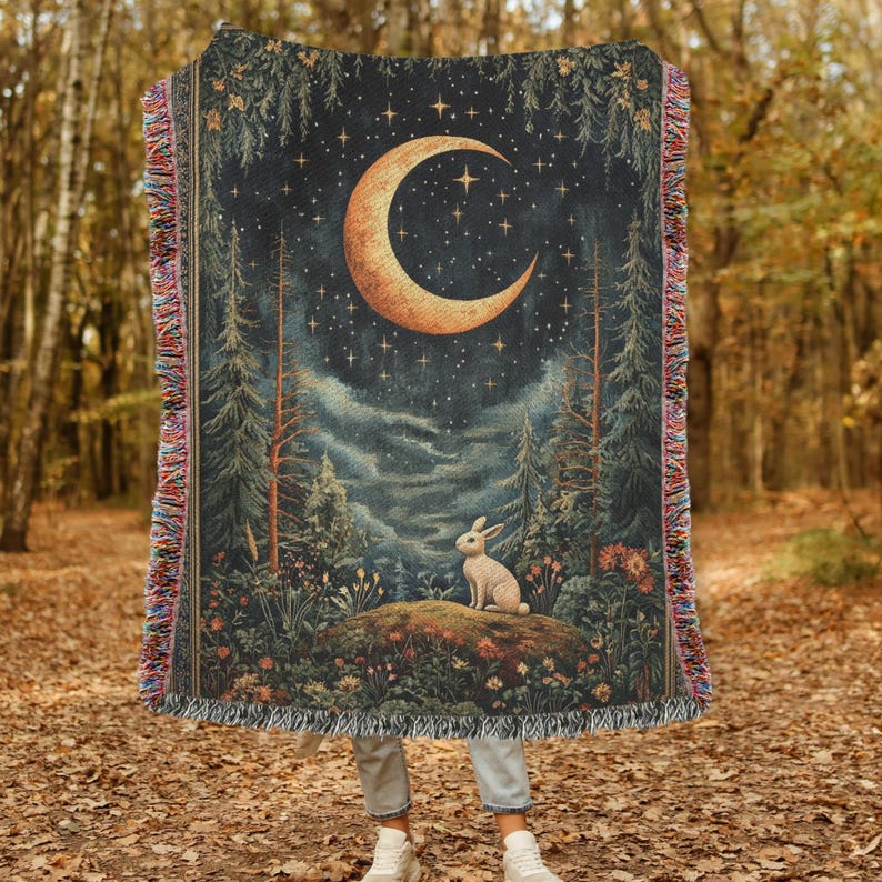 Forestcore Rabbit Crescent Moon William Morris Inspired Jacquard Woven Blankets