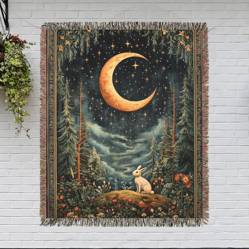 Forestcore Rabbit Crescent Moon William Morris Inspired Jacquard Woven Blankets