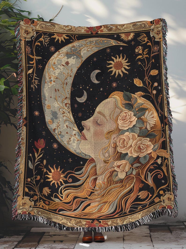 Lady And Crescent Moon In The Style Of William Morris Inspired Woven Blankets