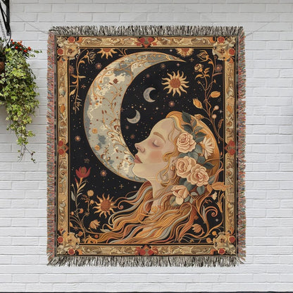 Lady And Crescent Moon In The Style Of William Morris Inspired Woven Blankets