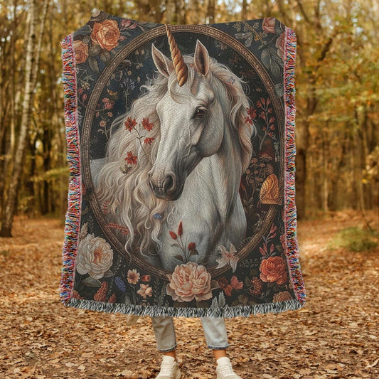 Vintage Botanical Unicorn Woven Blanket, Cozy Fall Home Decor, William Morris Inspired Cotton Blanket